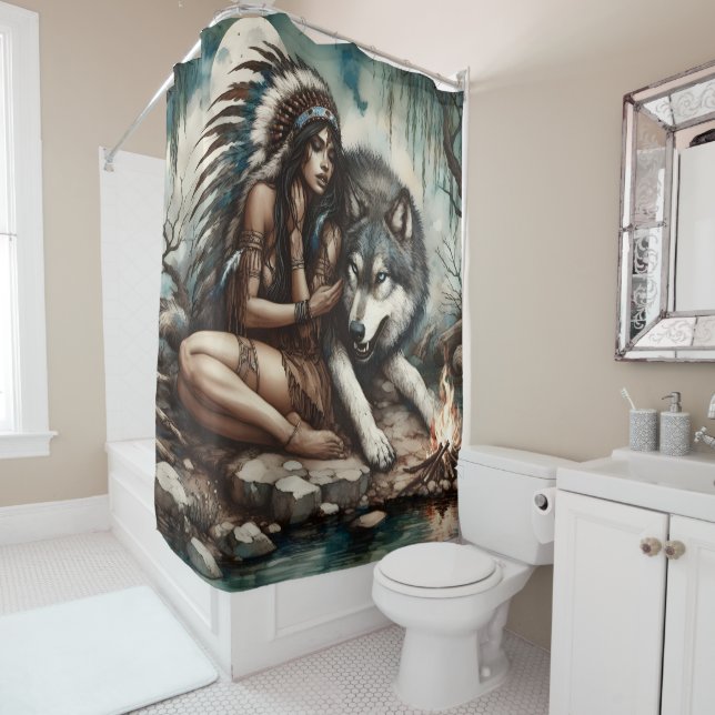 A tranquil bond between a native Indian and a wolf Shower Curtain (In Situ)