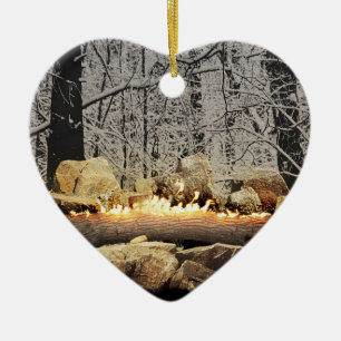 A Tranquil Burning Yule Log in a Snowy Forest Ceramic Tree Decoration