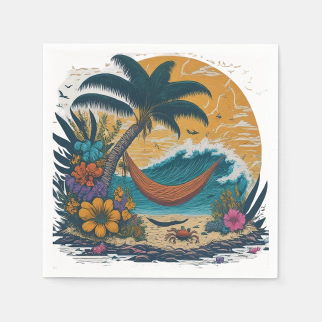 a tranquil scene of a beach with palm trees  napkin (Front)