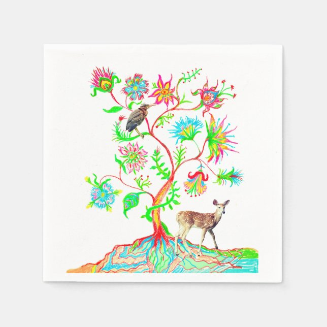 A Tree of Life, a Bird, and a Fawn Napkin (Front)