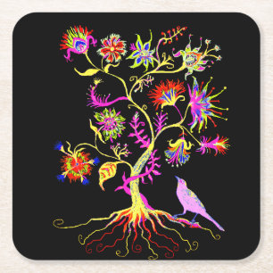 A tree of life and a bird square paper coaster