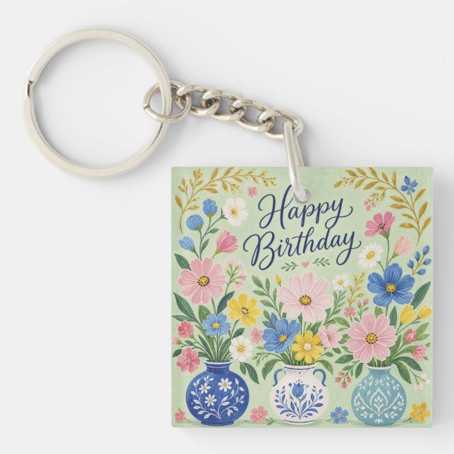 A Trio of Birthday Blooms Key Ring (Front)