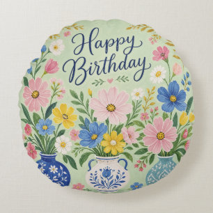 A Trio of Birthday Blooms Round Cushion