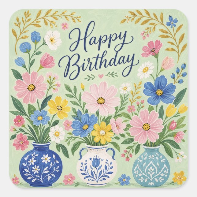 A Trio of Birthday Blooms Square Sticker (Front)