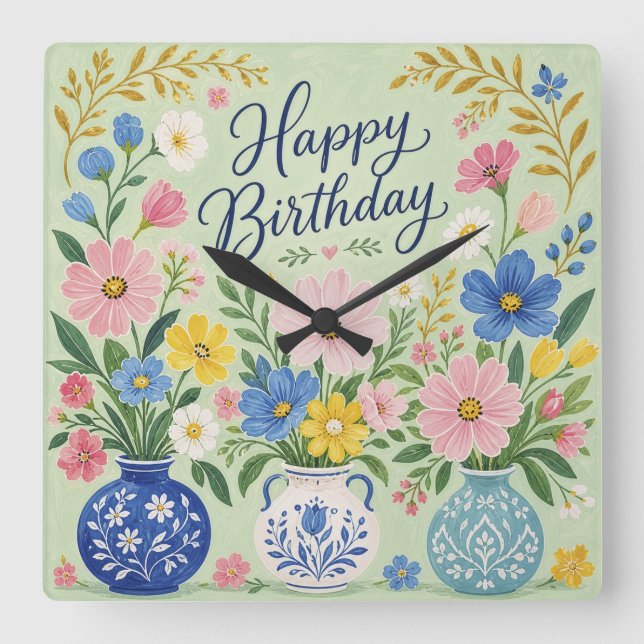 A Trio of Birthday Blooms Square Wall Clock (Front)