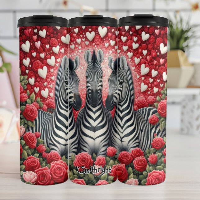 A Trio of Zebras in a Heart and Rose Garden Thermal Tumbler (Creator Uploaded)
