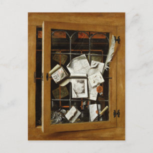 A trompe l'oeil of an open glazed cupboard postcard