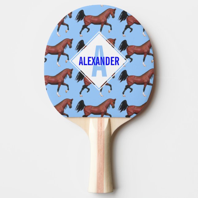 A Trotting Bay Arabian Horses Pattern Monogram Fun Ping Pong Paddle (Front)