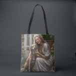 A Tuesday Afternoon with My Mutt Companion Tote Bag<br><div class="desc">This is a tender artwork of love and companionship between a beautiful mature woman with long silver hair and her happy pet mutt. It was created in DreamUp and upscaled in Leonardo.ai.</div>