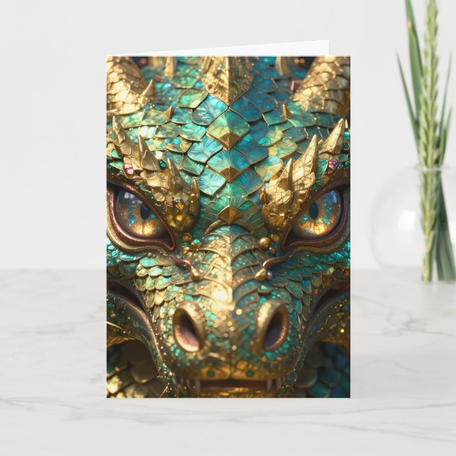 A Turquoise and Gold Dragon Mystical Card (Front)