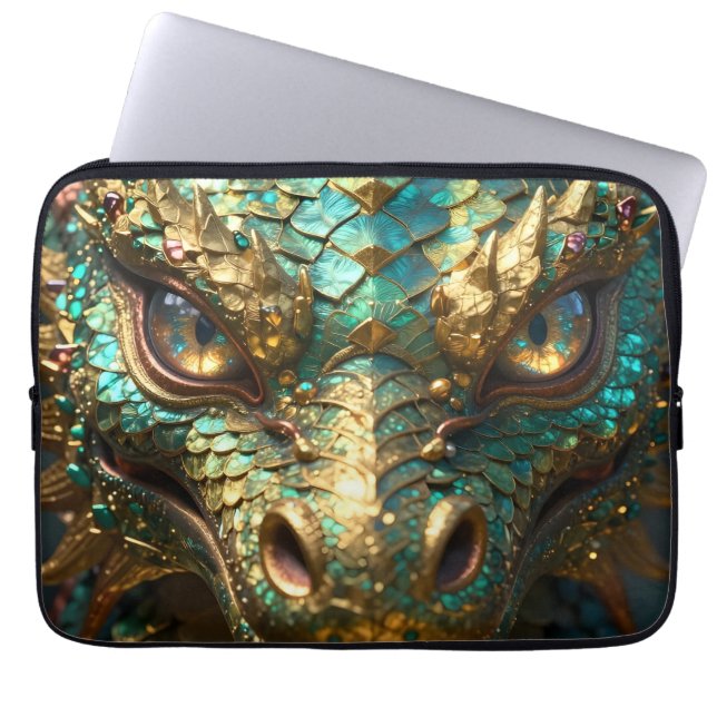 A Turquoise and Gold Dragon Mystical Laptop Sleeve (Front)