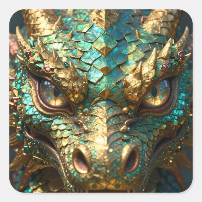 A Turquoise and Gold Dragon Mystical Square Sticker (Front)