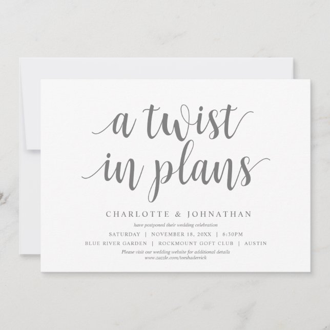 A twist in plans, Wedding Change the date Invitation (Front)