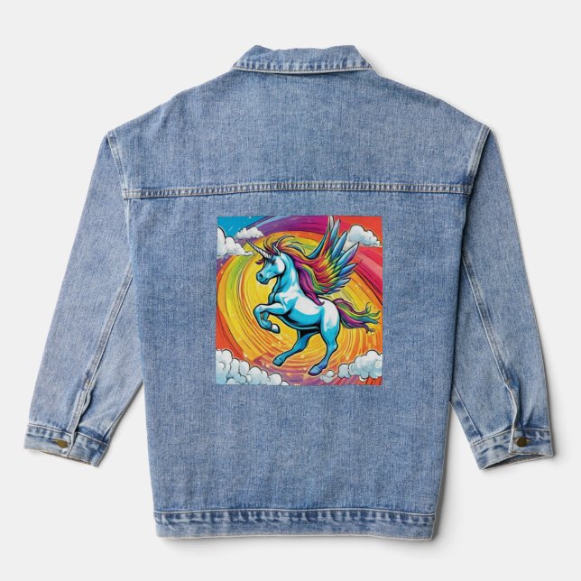 A Unicorn Flying with a Rainbow Denim Jacket (Back)