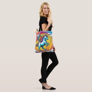A Unicorn Flying with a Rainbow Tote Bag