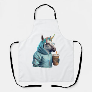 A unicorn with a hoodie drinks a coffee. 1 apron