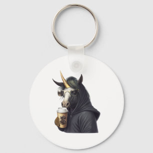A unicorn with a hoodie drinks a coffee. key ring