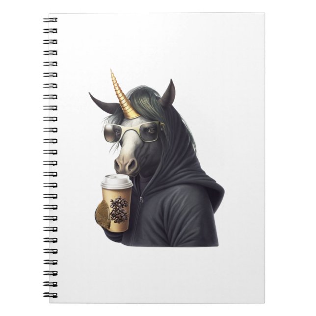 A unicorn with a hoodie drinks a coffee.  notebook (Front)