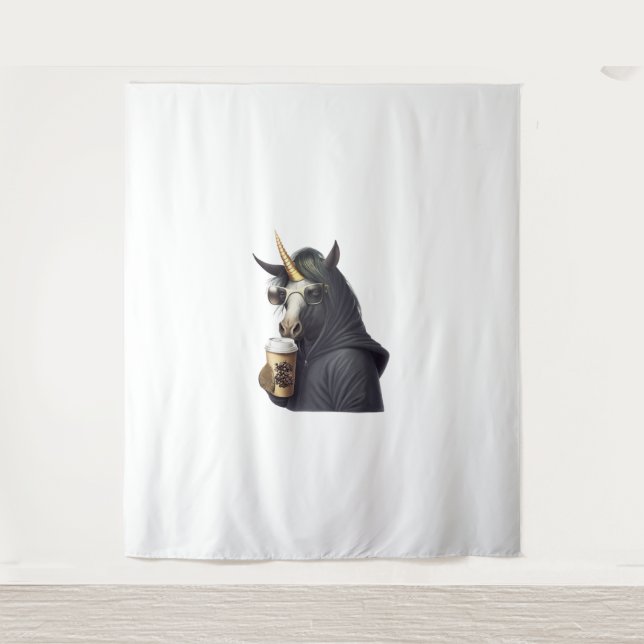 A unicorn with a hoodie drinks a coffee.  tapestry (Front)