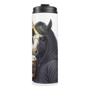 A unicorn with a hoodie drinks a coffee. thermal tumbler
