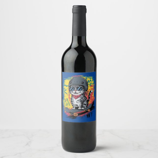 A unique and fun design featuring a stylish cat we wine label (Front)