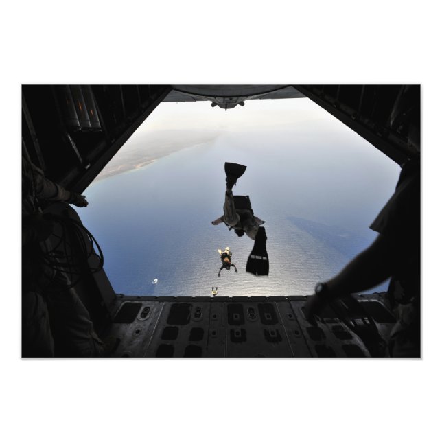 A US Air Force pararescueman jumping out Photo Print (Front)