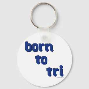 A variety of products with the "born to tri" logo key ring