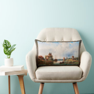 A Vast River Landscape With Windmills Lumbar Cushion