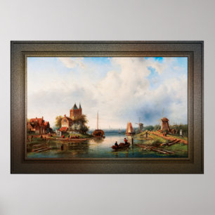 A Vast River Landscape With Windmills Poster