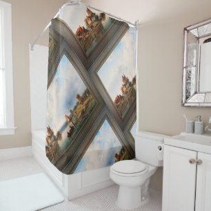 A Vast River Landscape With Windmills Shower Curtain