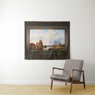 A Vast River Landscape With Windmills Tapestry