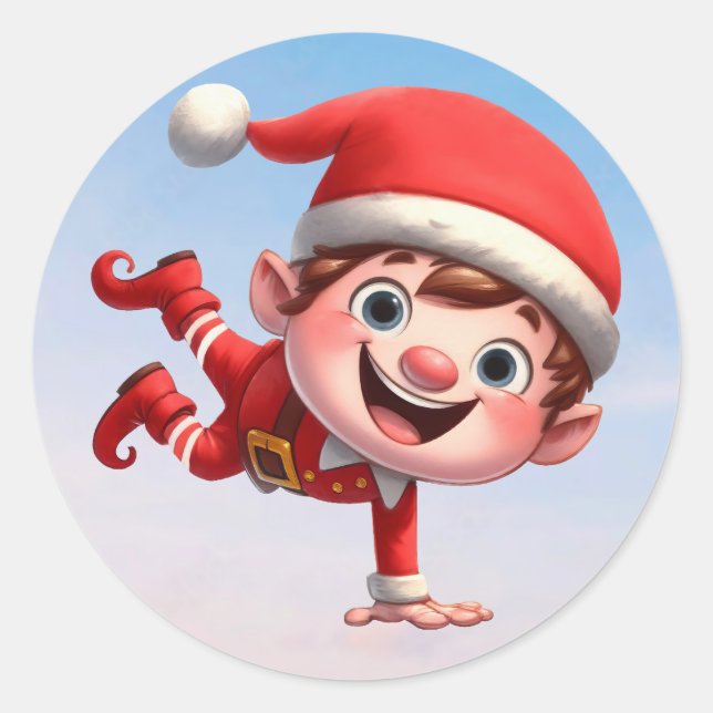 A very happy Christmas Elf doing a hand stand Classic Round Sticker (Front)