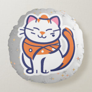 A very happy white and pink tuxedo cat RoundPillow Round Cushion