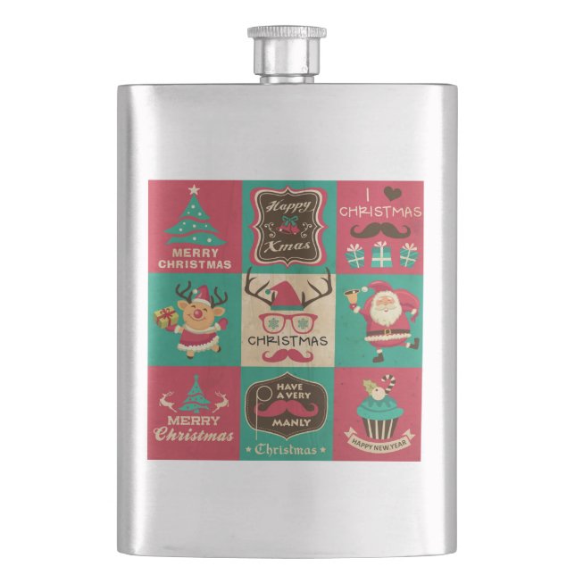 A Very Manly Christmas Moustache Collage Hip Flask (Front)