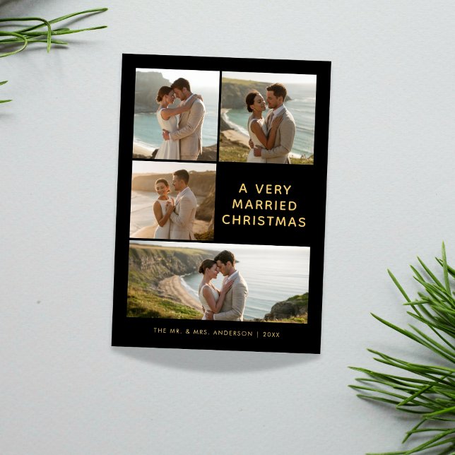 A Very Married Christmas Black Gold Coastal Photo Holiday Card (Creator Uploaded)