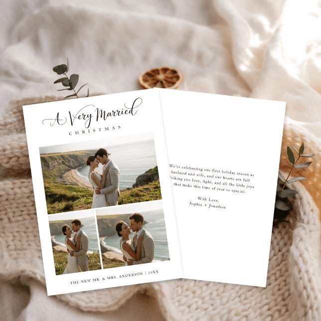 A Very Married Christmas Script 3 Photo Coastal Holiday Card (Creator Uploaded)