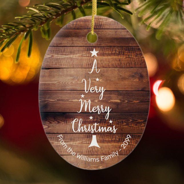A Very Merry Christmas tree on rustic wood Ceramic Tree Decoration (Creator Uploaded)