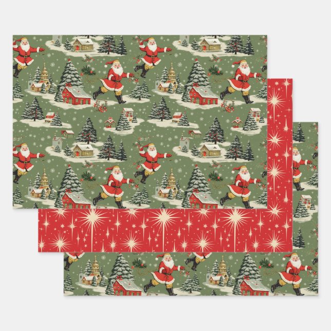 A Very Retro Merry & Bright Santas Wrapping Paper Sheet (Set)
