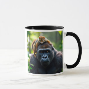 A very strong gorilla with a squirrel on his head. mug