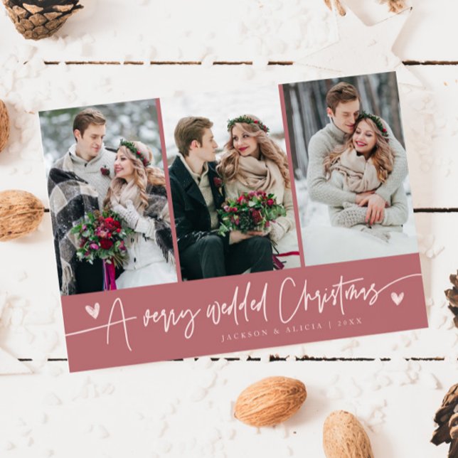 A Very Wedded Christmas Newlywed Photo Pink Holiday Card (Creator Uploaded)