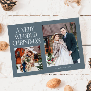 A Very Wedded Christmas Newlywed Photo Slate Blue Holiday Card