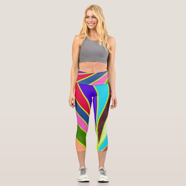 A vibrant colourful rainbow stripes fabric pattern capri leggings (Front)
