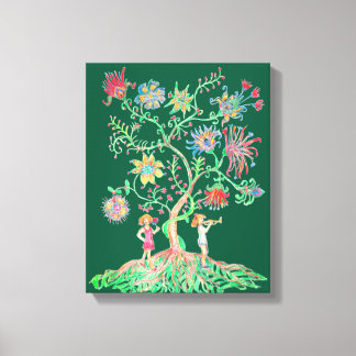 A vibrant drawing depicts a fantasy tree canvas print