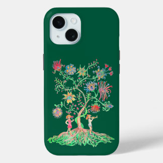 A vibrant drawing depicts a fantasy tree iPhone 15 case