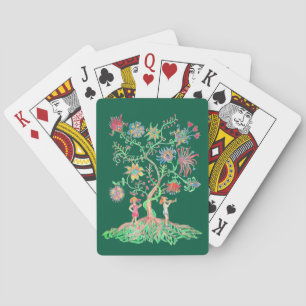 A vibrant drawing depicts a fantasy tree playing cards
