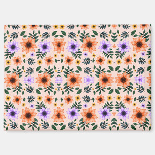 A vibrant floral pattern features orange magnet