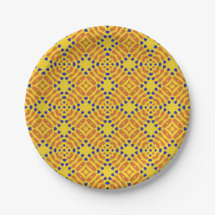A vibrant geometric pattern with repeating orange paper plate