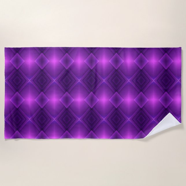 A vibrant, geometric purple pattern decorates  beach towel (Front)