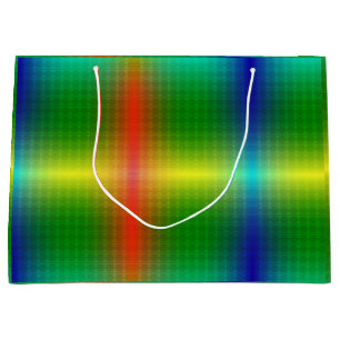 A vibrant gift bag featuring a glossy, rainbow 