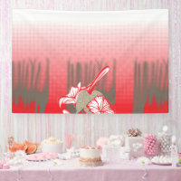 A vibrant graphic design features a red, patterned